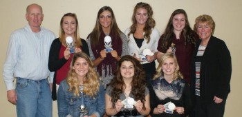Sitting from Left to Right:  Samantha Brenneman (Offensive Award), Antoinette Dashner (Most Improved Award), Natalee Walters (Defensive Award), Standing:  Assistant Coach Dave Faulstich, Bayli Fearnow (Mental Attitude Award), Samantha Albers (Mental Attitude Award), Sophia Smith (Blue/Gold Award & Highest GPA), Jackie Friel (Offensive Award & Highest GPA), Head Coach Lana Singleton